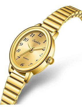 Women's All Gold Easy Read Oval Dial Analog Stainless Steel Bracelet Wrist Watch
